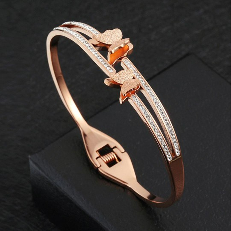 Women Cubic Zirconia Enamelled Butterfly Bangle-Style Bracelet